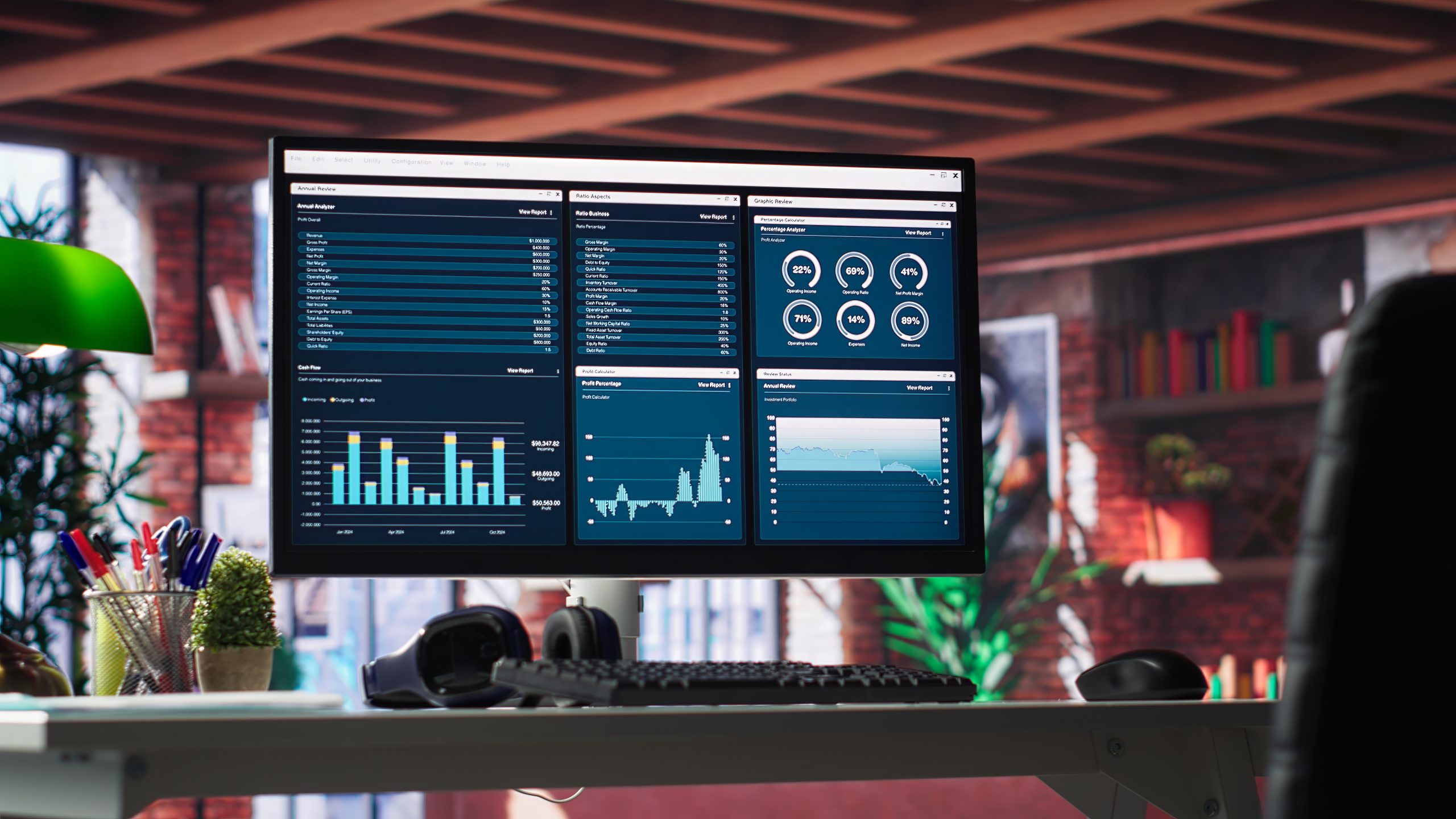 Desktop PC on the wooden desk showcases infographics and client reach data